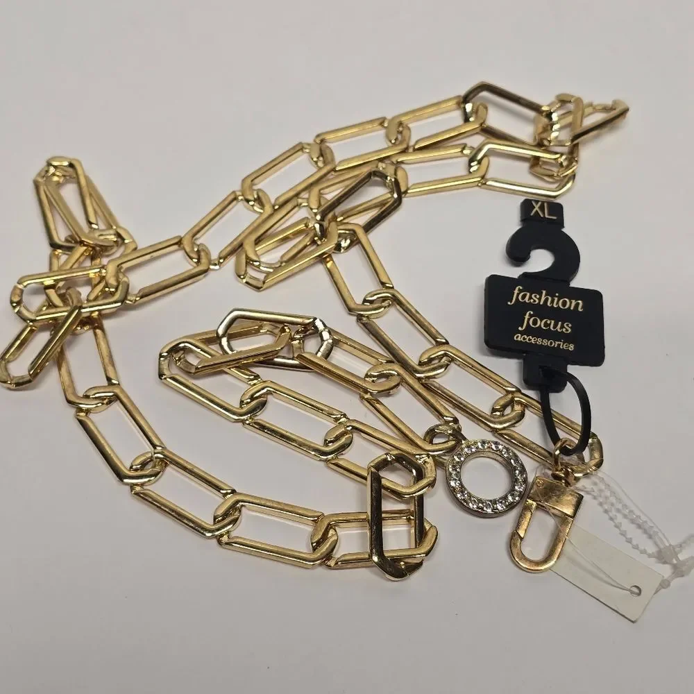 Vintage Gold Link Chain Belt Rhinestones Charm Accent Women's XL